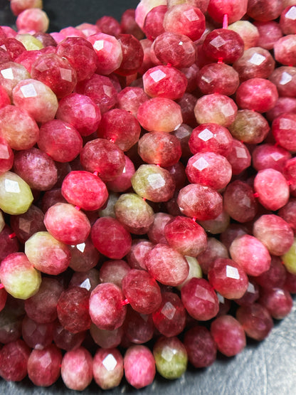 Natural Watermelon Tourmaline Quartz Gemstone Bead Faceted 10x7mm Rondelle Shape, Beautiful Red Pink Green Color Stone Bead, 15.5" Strand