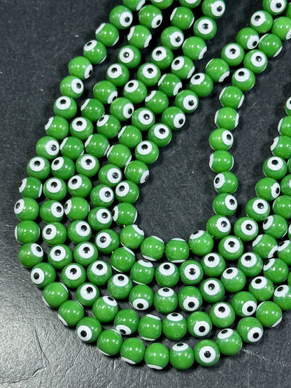 Beautiful Green Evil Eye Glass Beads 6mm 8mm Round Beads, Beautiful Green Evil Eye Amulet Glass Beads, Full Strand Evil Eye Glass Beads