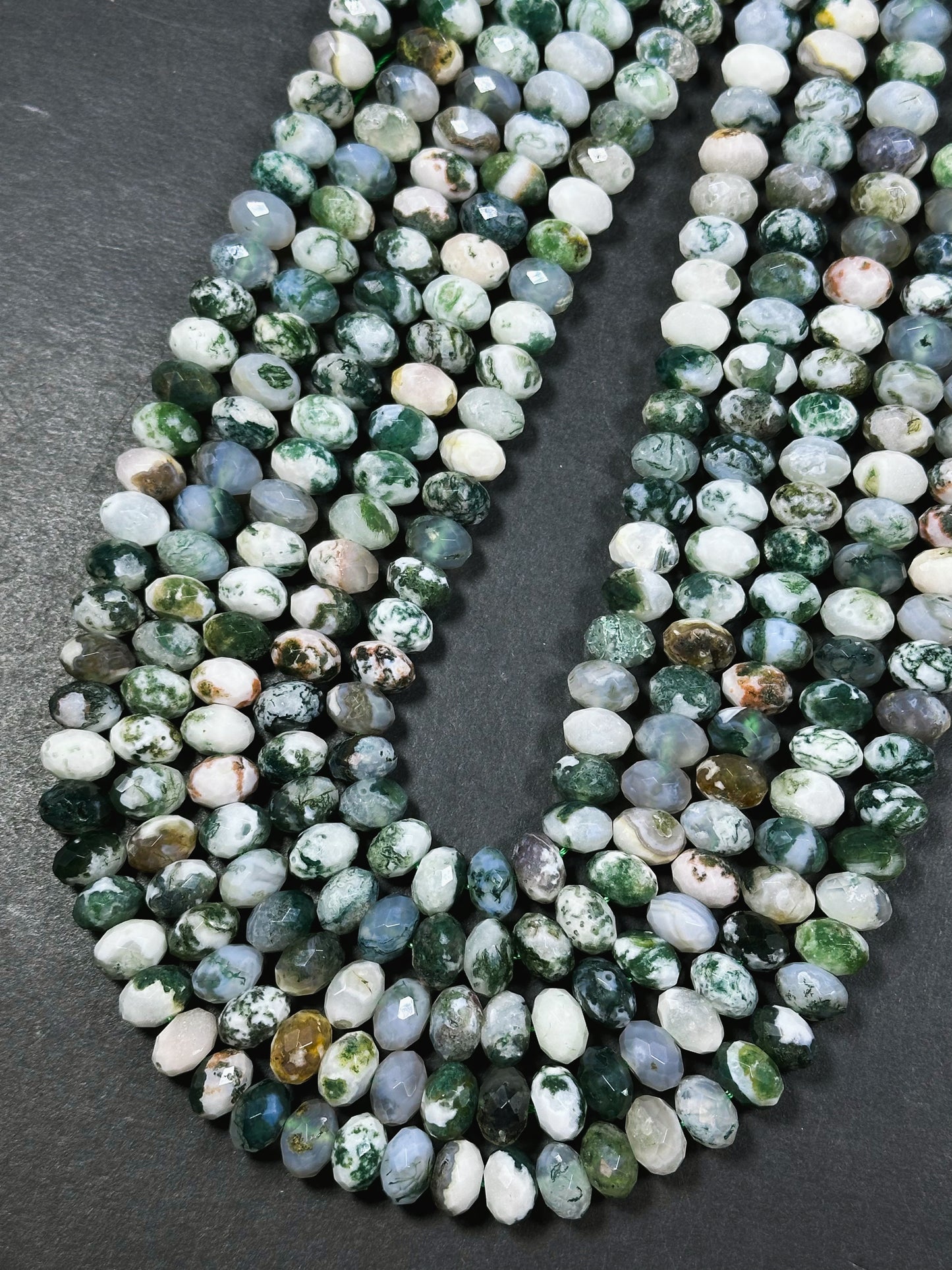 Natural Green Moss Agate Gemstone Bead Faceted Rondelle Shape Beads, Gorgeous Natural White Green Color Moss Agate Beads Full Strand 15.5"
