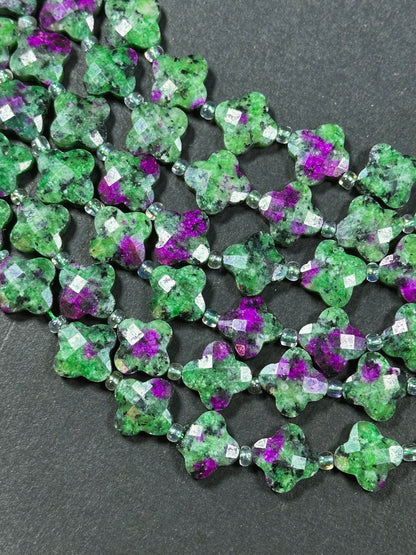 Natural Ruby Zoisite Gemstone Bead Faceted 12mm Clover Flower Shape Bead, Gorgeous Natural Green Ruby Color Ruby Zoisite Beads 15.5" Strand