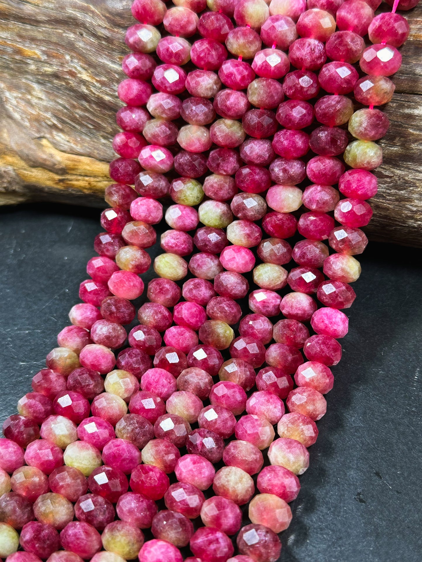 Natural Watermelon Tourmaline Quartz Gemstone Bead Faceted 10x7mm Rondelle Shape, Beautiful Red Pink Green Color Stone Bead, 15.5" Strand