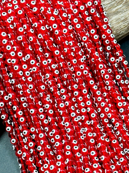 Beautiful Red Evil Eye Glass Beads 6mm Round Beads, Beautiful Red Clear Color Evil Eye Amulet Glass Beads, Full Strand Glass Beads