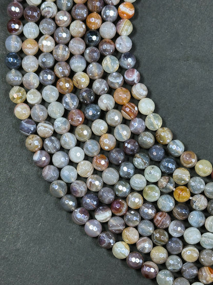 Mystic Natural Botswana Agate Gemstone Bead Faceted 8mm Round Beads, Beautiful Natural Multicolor Gray Brown Botswana Agate Stone Bead 15.5"