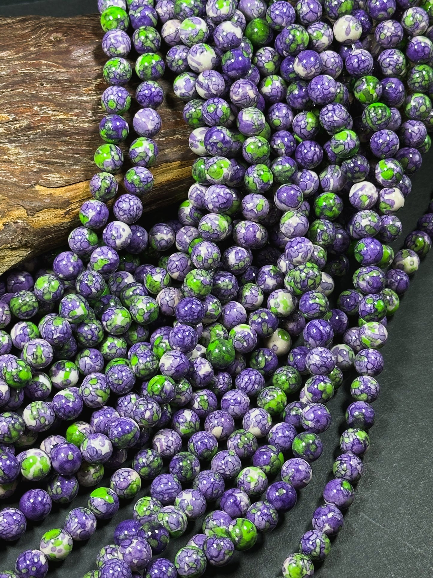 Beautiful Rain Flower Stone Bead 4mm 6mm 8mm 10mm Round Beads, Gorgeous Multicolor Purple Green Color Rain Flower Bead Full Strand 15.5"