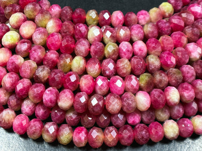 Natural Watermelon Tourmaline Quartz Gemstone Bead Faceted 10x7mm Rondelle Shape, Beautiful Red Pink Green Color Stone Bead, 15.5" Strand