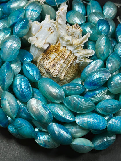 Natural Blue Sea Shell Beads, Natural 24x12mm Sea Shell Oval Shape Beads, Gorgeous Aqua Sea Blue Color Sea Shell Beads, 15.5" Strand