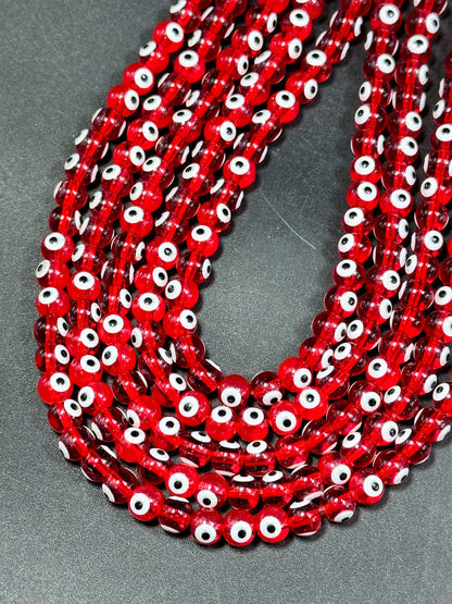 Beautiful Red Evil Eye Glass Beads 6mm Round Beads, Beautiful Red Clear Color Evil Eye Amulet Glass Beads, Full Strand Glass Beads