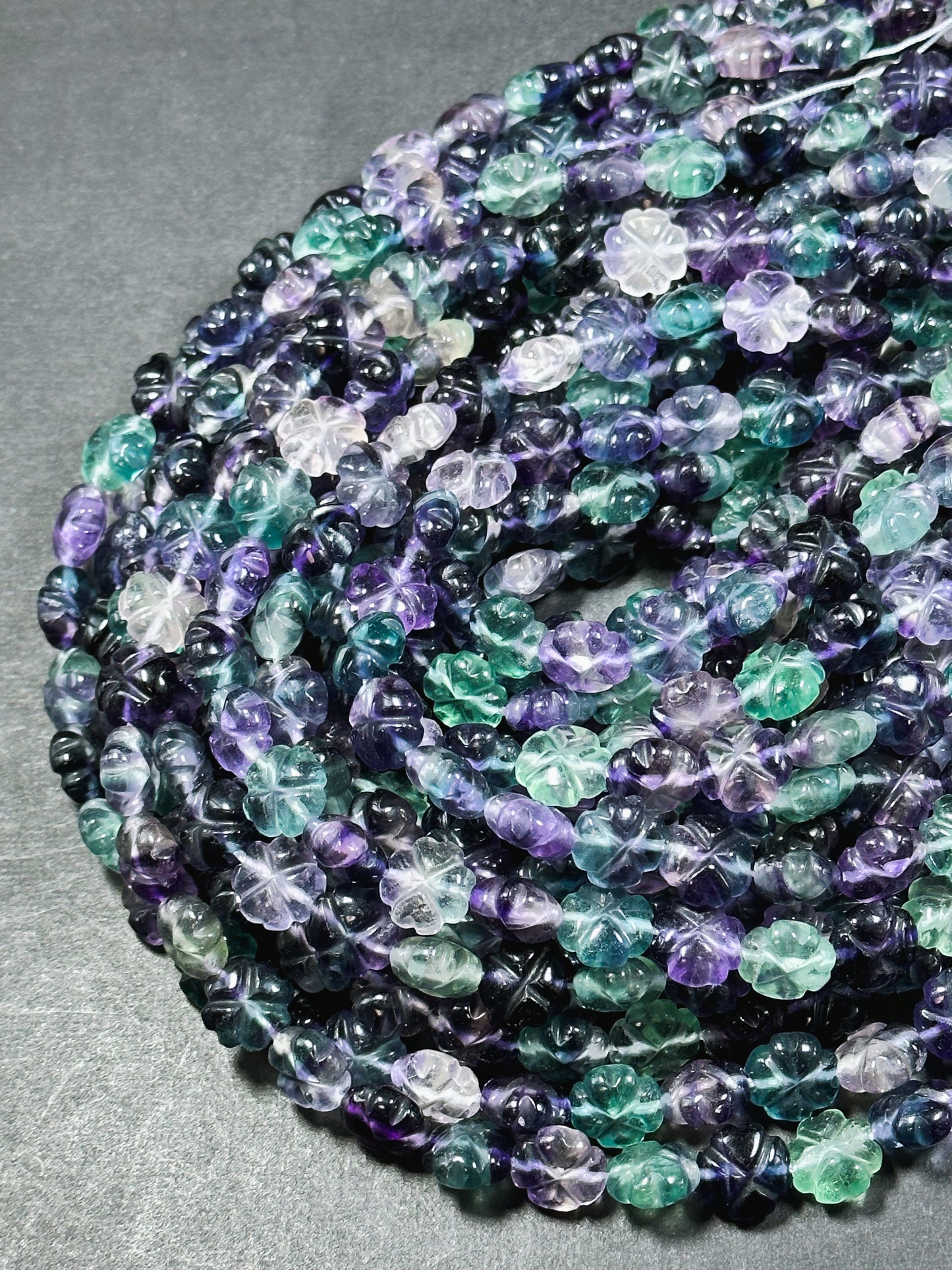 AAA Natural Fluorite Gemstone Bead, Hand Carved 12mm Flower Shape Bead, Beautiful Natural Purple Green Color Fluorite Bead Full Strand 15.5"