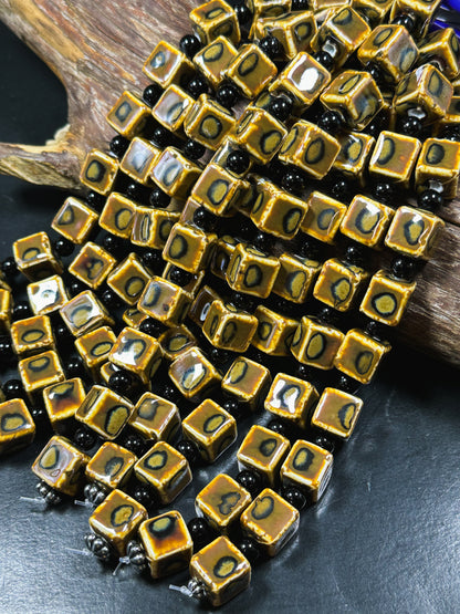 Beautiful Hand Painted Porcelain Beads, 14mm Unique Hand Painted Porcelain Cube Shape Beads, Gorgeous Brown Color Porcelain Bead 8"