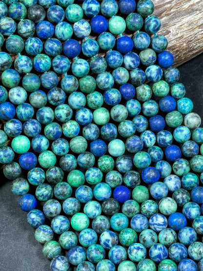 Natural Matte Azurite Gemstone Bead 4mm 6mm 8mm 10mm 12mm Round Beads, Gorgeous Green Blue Color Azurite Gemstone Beads, Full Strand 15.5"