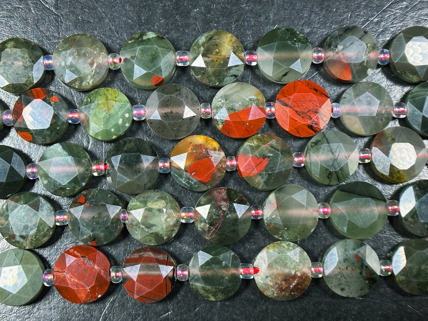 Natural African Bloodstone Gemstone Bead Faceted 10mm Coin Shape, Beautiful Natural Red Gray Green Color Bloodstone Bead, Full Strand 15.5"