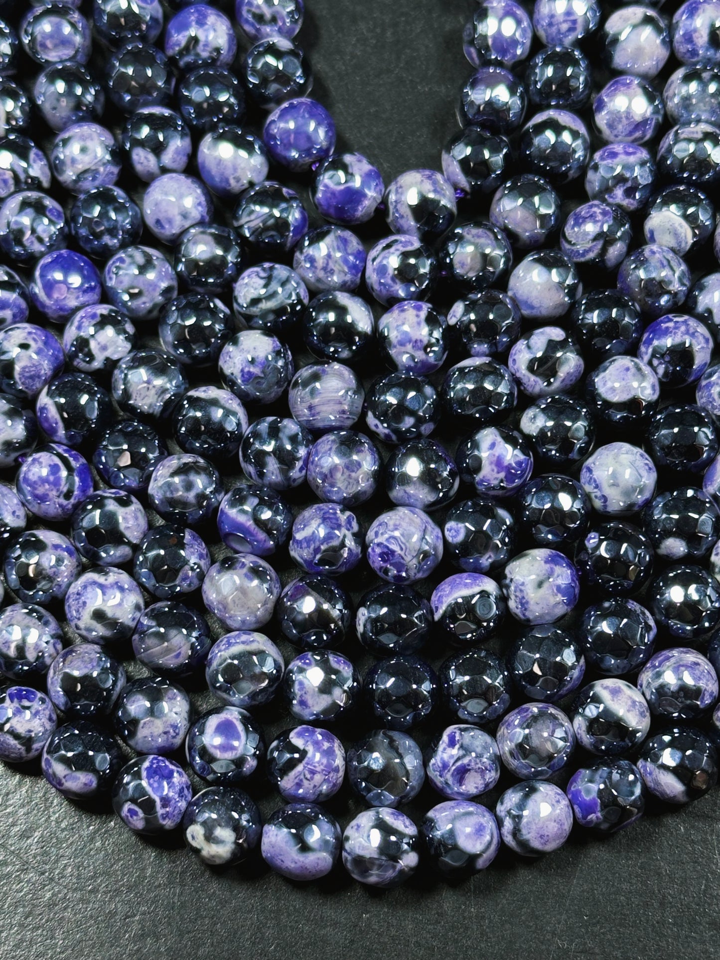 Mystic Natural Tibetan Agate Gemstone Bead Faceted 8mm 10mm Round Beads, Beautiful Mystic Purple Black Agate Stone Beads, Full Strand 15.5"