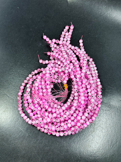 Beautiful Pink Evil Eye Glass Beads 4mm 6mm 8mm Round Beads, Beautiful Pink Clear Evil Eye Amulet Glass Beads, Full Strand Glass Beads