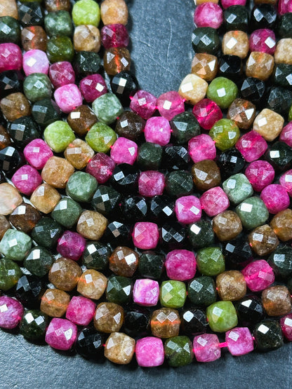 Natural Tourmaline Gemstone Bead Faceted 5mm 7mm Cube Shape, Beautiful Multicolor Black Pink Green Brown Tourmaline Bead, Full 15.5" Strand