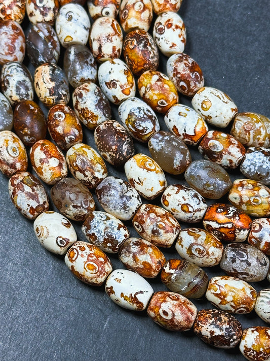 AAA Natural Tibetan Gemstone Bead 13x10mm Barrel Shape, Beautiful Orange Brown Hand Painted Tibetan Stone Bead, Excellent Quality 14" Strand