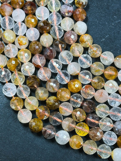 Natural Rutilated Golden Healer Quartz Gemstone Bead Faceted 6mm 8mm 10mm Round Bead, Beautiful Golden Yellow Clear Quartz Bead 15.5" Strand