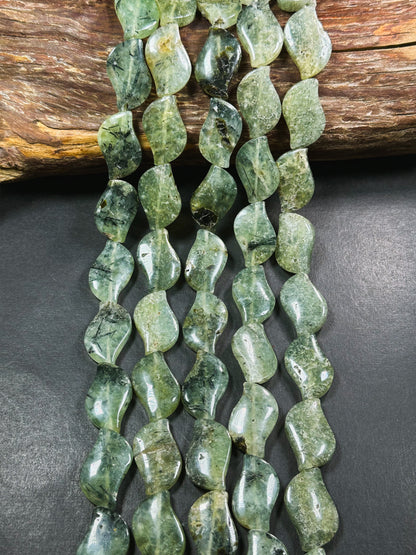 Natural Prehnite Gemstone Bead 29x18mm Wave Shape Bead, Beautiful Natural Green Prehnite Stone Bead w/ Epidote Inclusions, Full Strand 15.5"