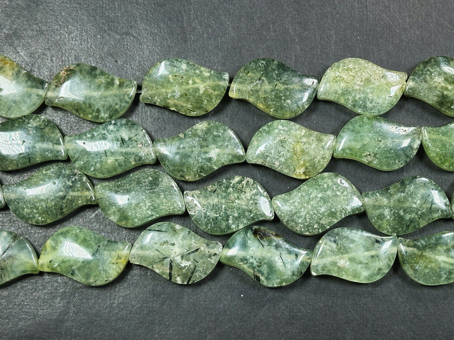 Natural Prehnite Gemstone Bead 29x18mm Wave Shape Bead, Beautiful Natural Green Prehnite Stone Bead w/ Epidote Inclusions, Full Strand 15.5"