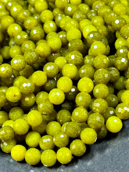 Natural Lemon Jade Gemstone Bead Faceted 6mm 8mm 10mm Round Bead, Gorgeous Dark Lemon Green Color Jade Gemstone Bead