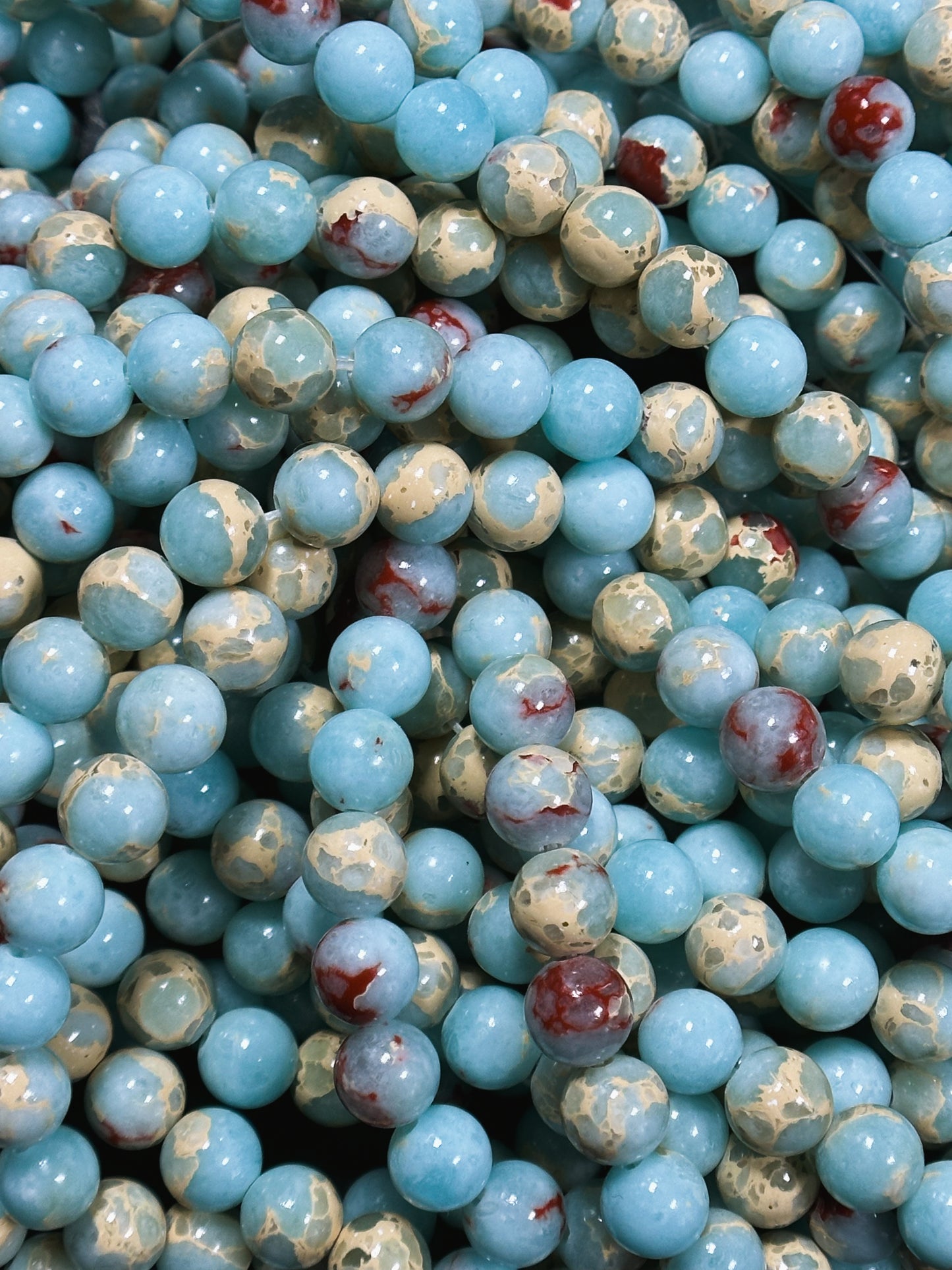 Natural Sea Sediment Jasper Gemstone Bead 6mm 8mm 10mm Round Beads, Beautiful Blue Red Beige Color Imperial Jasper Beads Full Strand 15.5"