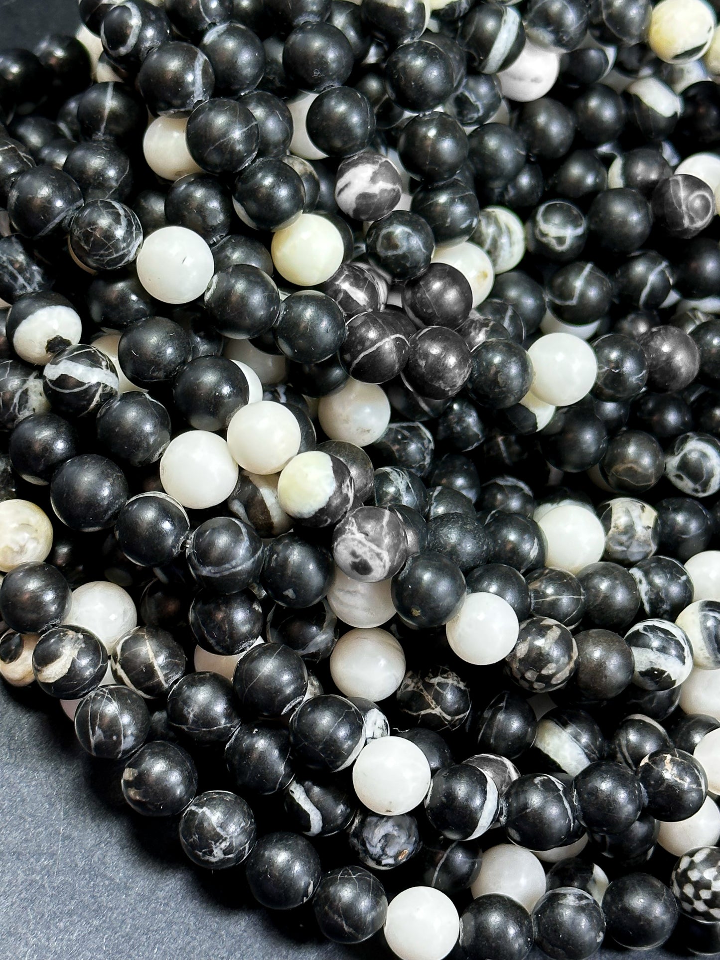 Natural Black White Agate Gemstone Bead 6mm 8mm 10mm Round Beads, Beautiful Black White Color Agate Gemstone Full Strand 15.5"