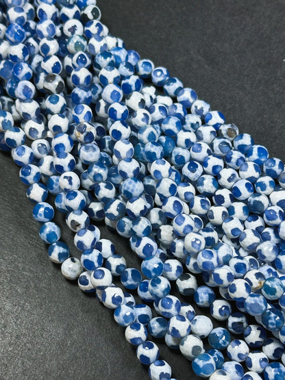 Natural Tibetan Agate Gemstone Bead Faceted 6mm Round Beads, Beautiful Hand Painted White Blue Soccer Ball Design Agate Bead Full 15" Strand