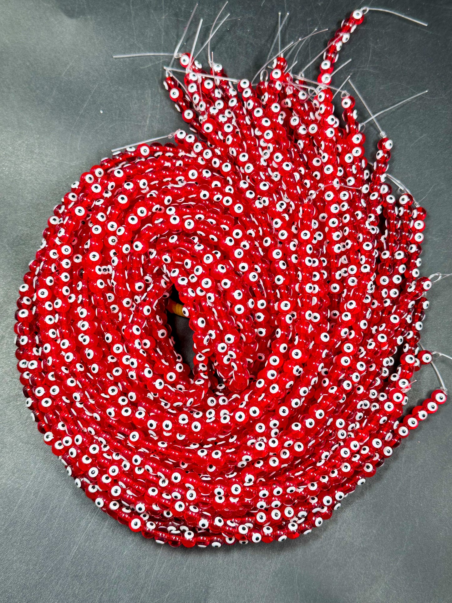 Beautiful Red Evil Eye Glass Beads 6mm Round Beads, Beautiful Red Clear Color Evil Eye Amulet Glass Beads, Full Strand Glass Beads