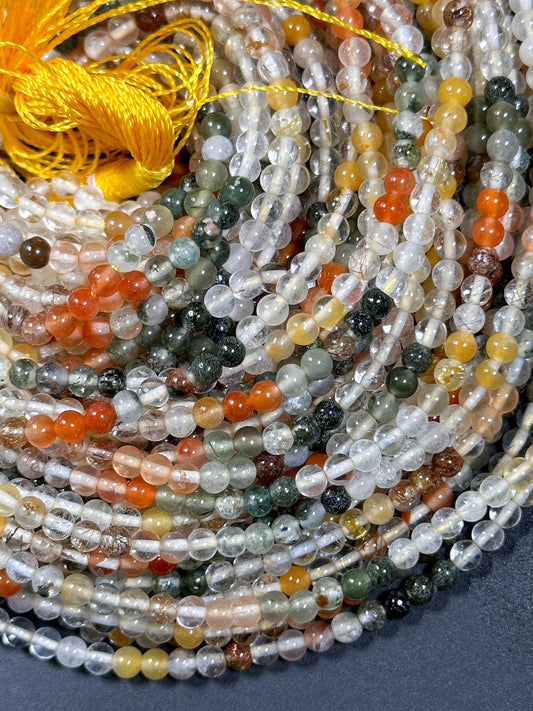 Natural Multi Rutilated Quartz Gemstone Bead 4mm Round Beads, Beautiful Multicolor Clear Yellow Orange Green Rutilated Quartz Beads 15.5"