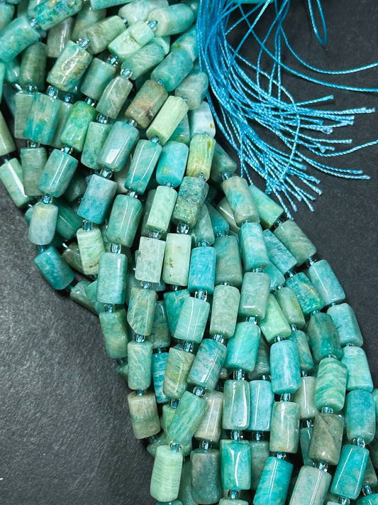 Natural Amazonite Gemstone Bead Faceted 12x8mm Tube Shape Bead, Beautiful Natural Green Blue Color Amazonite Stone Beads, Full Strand 15.5"