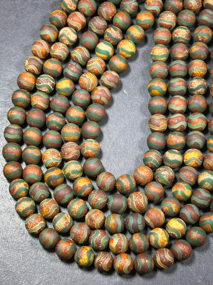 Natural Tibetan Agate Gemstone Bead 6mm 10mm 12mm Round Bead, Beautiful Brown Green Wave Design Tibetan Agate Gemstone Full Strand 15.5”