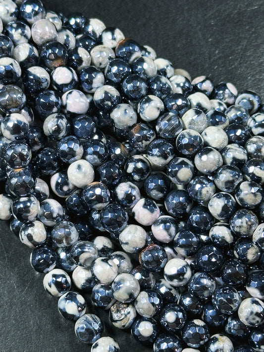 Mystic Natural Tibetan Agate Gemstone Bead Faceted 8mm 10mm Round Beads, Beautiful Mystic White Black Agate Stone Beads, Full Strand 15.5"