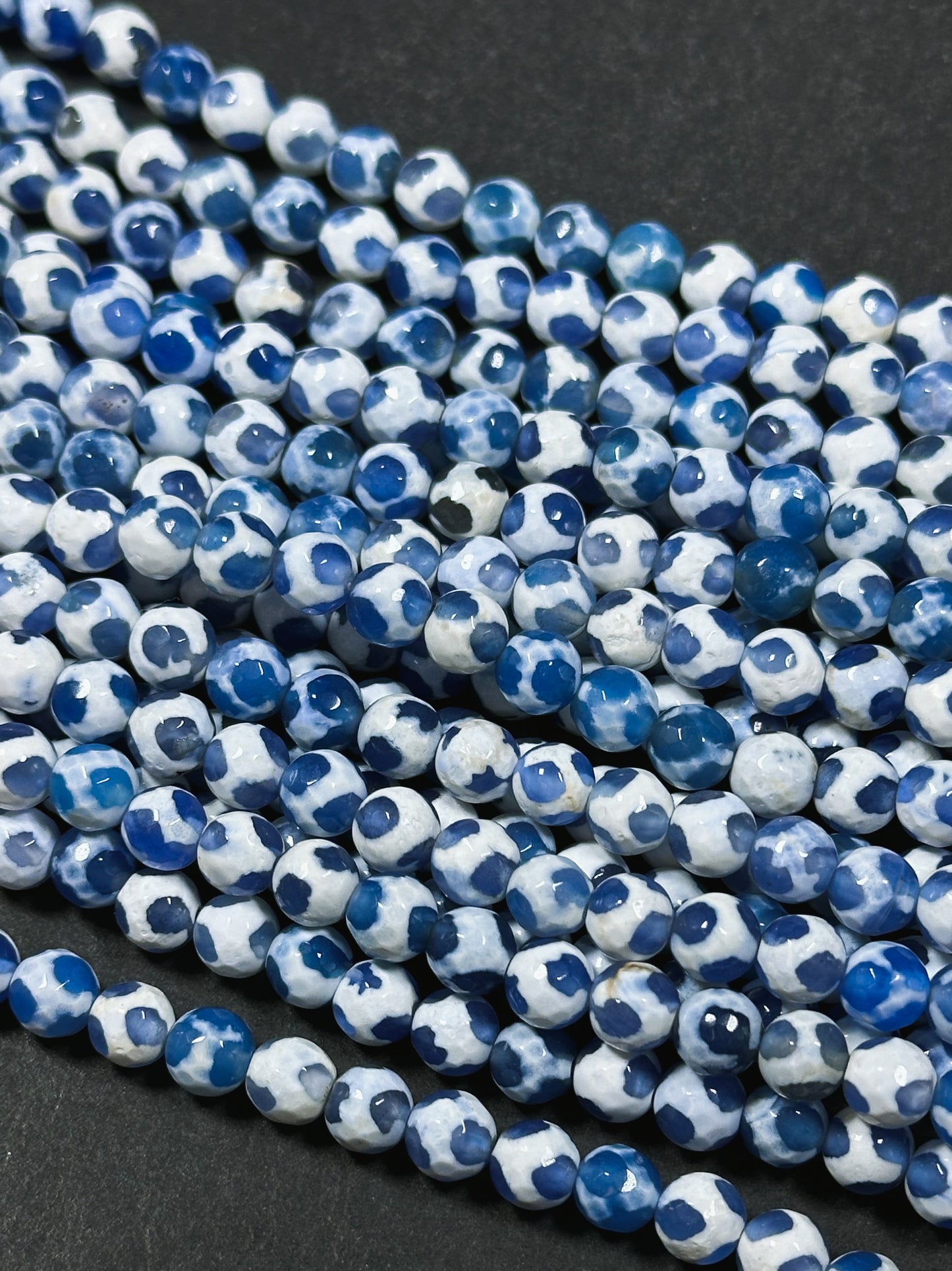 Natural Tibetan Agate Gemstone Bead Faceted 6mm Round Beads, Beautiful Hand Painted White Blue Soccer Ball Design Agate Bead Full 15" Strand