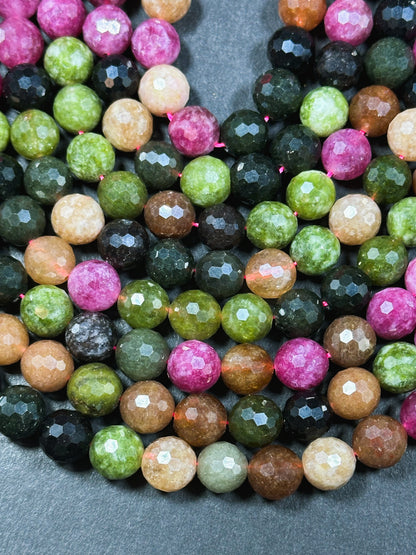 Natural Tourmaline Quartz Gemstone Bead Faceted 8mm 10mm Round Beads, Beautiful Multicolor Tourmaline Quartz Stone Beads, Full Strand 15.5"