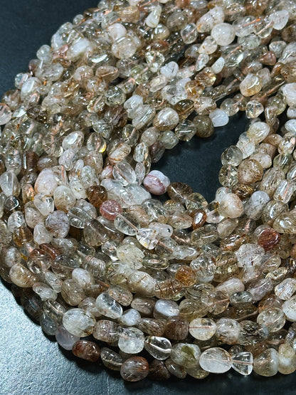 Natural Rutilated Quartz Gemstone Bead 8-12mm Freeform Pebble Shape, Gorgeous Natural Color Rutilated Quartz, Excellent Quality 15.5" Strand