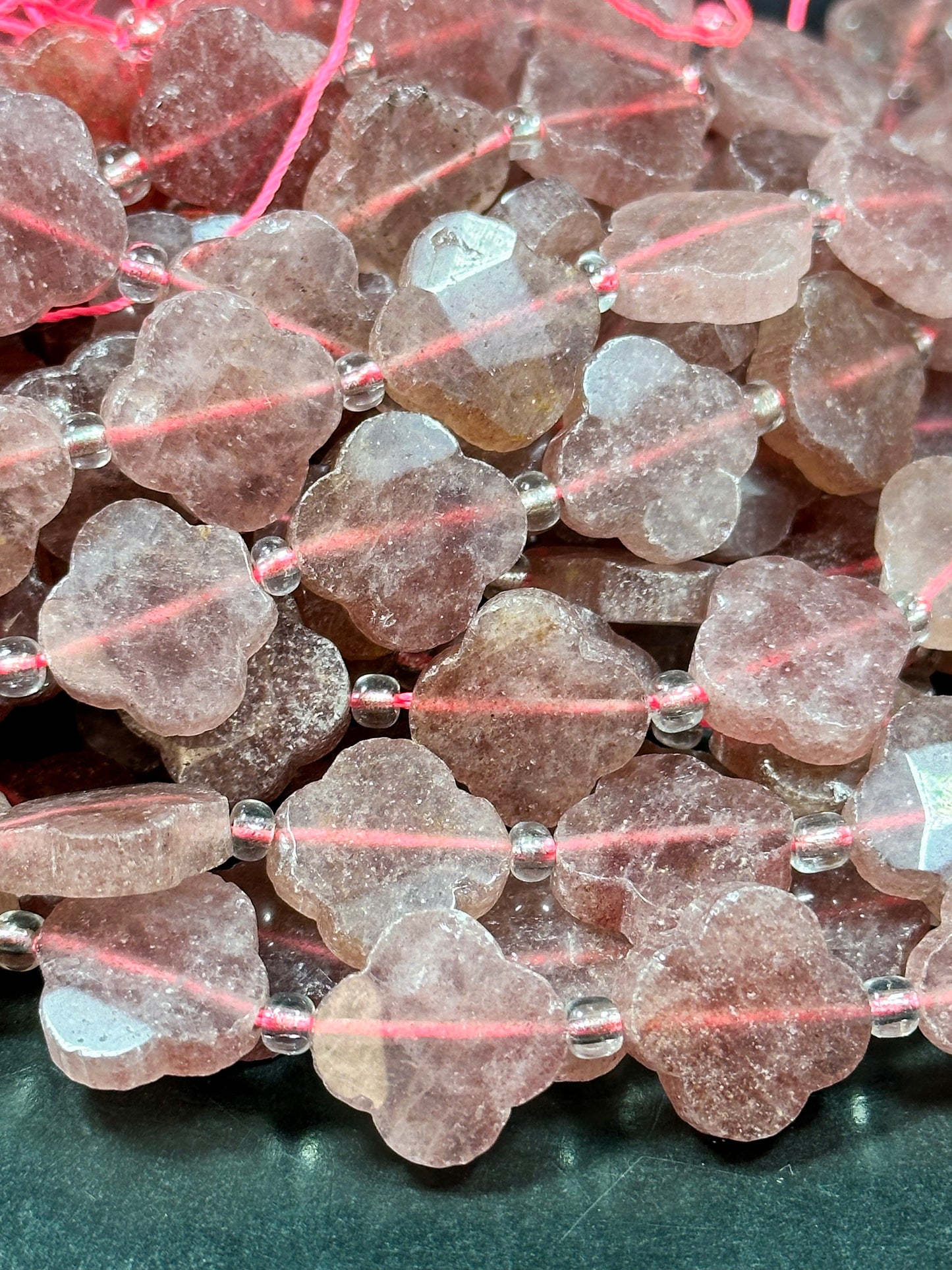 NATURAL Strawberry Quartz Gemstone Bead Faceted 16mm Clover Flower Shape Bead, Beautiful Red Pink Color Gemstone Beads Full Strand 15.5"