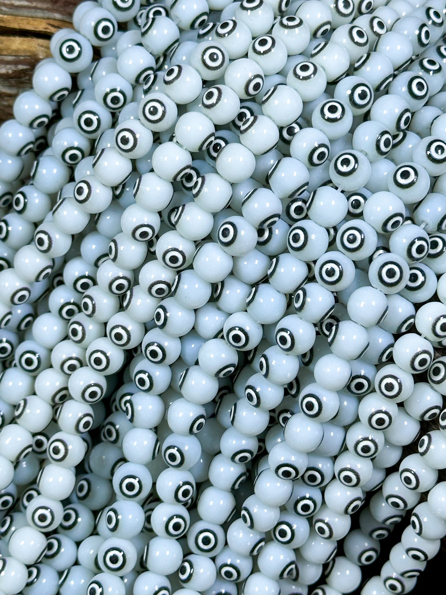 Beautiful White Evil Eye Glass Beads 6mm 8mm Round Beads, Beautiful White Black Evil Eye Amulet Glass Beads, Full Strand Glass Beads