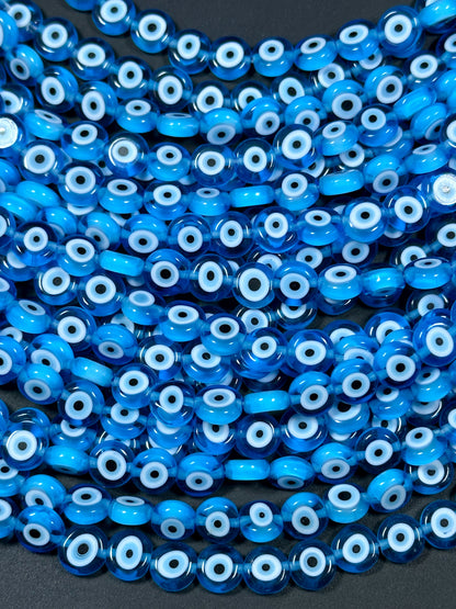 Beautiful Evil Eye Glass Bead 8mm Flat Coin Shape, Beautiful Turquoise Blue w/ Blue Eyes Evil Eye Glass Bead, Religious Amulet Prayer Beads