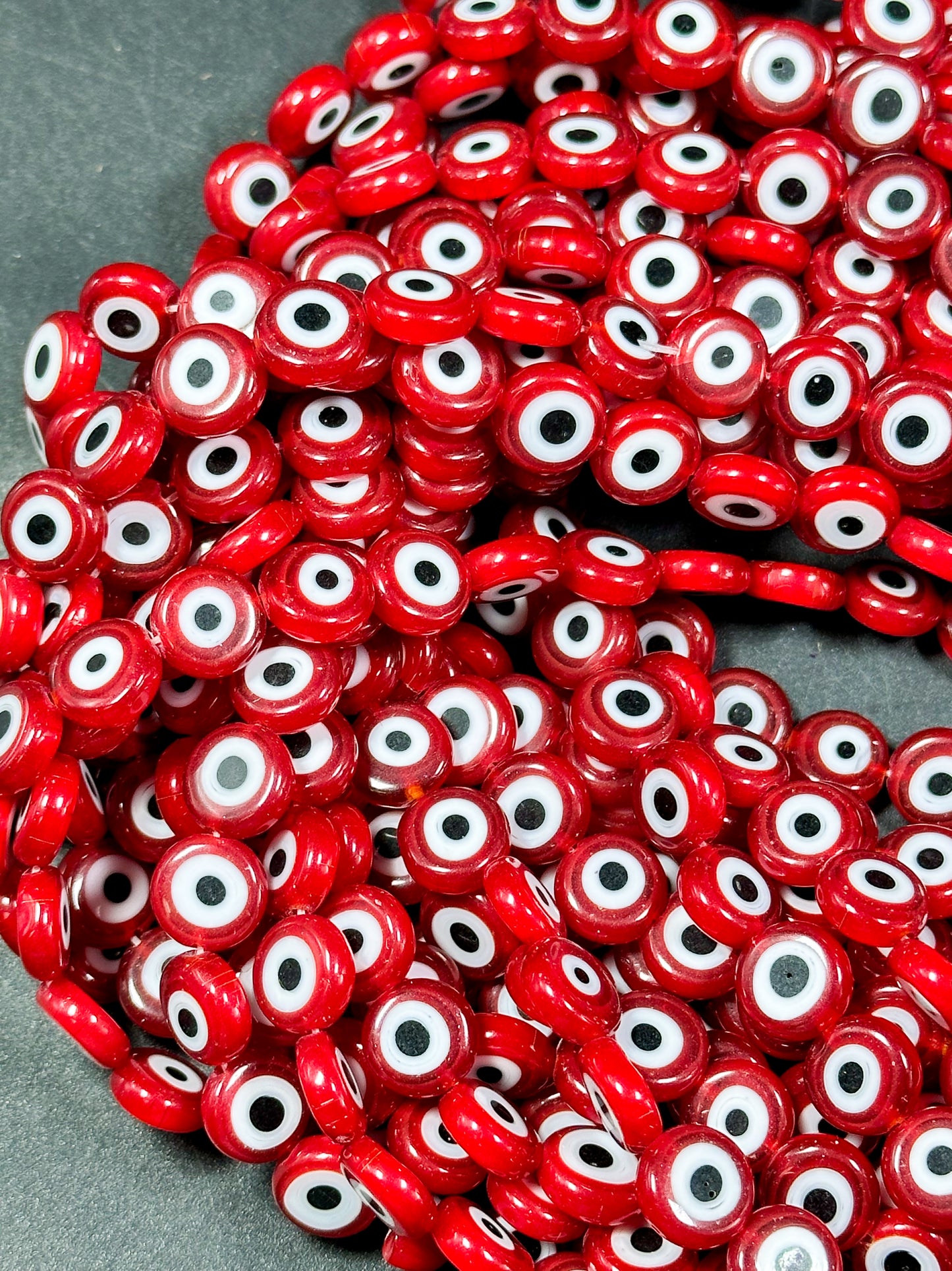 Beautiful Evil Eye Glass Beads 8mm 10mm Flat Coin Shape, Beautiful Dark Red Color Evil Eye Glass Beads, Religious Amulet Prayer Beads