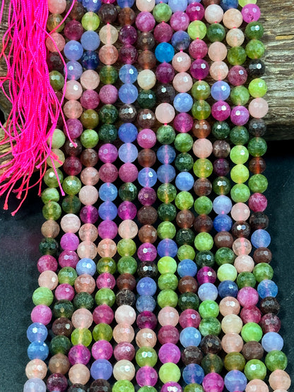 NATURAL Tourmaline Gemstone Bead Faceted 8mm 10mm Round Bead, Gorgeous Multicolor Tourmaline Gemstone Beads Full Strand 15.5" Great Quality Beads