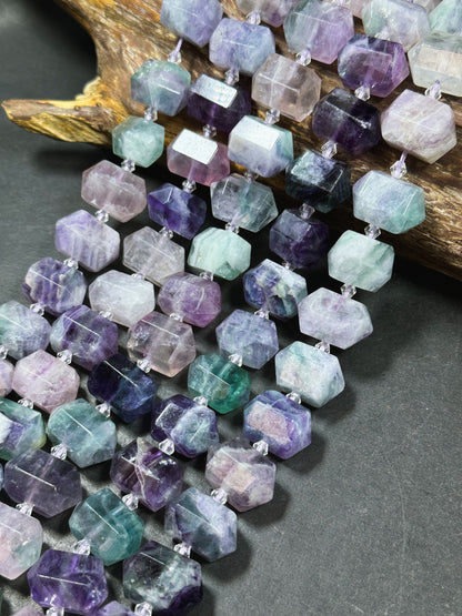 Natural Fluorite Gemstone Bead Faceted 25x16mm Double Point Barrel Shape, Beautiful Natural Multicolor Purple Green Fluorite Beads 15.5"