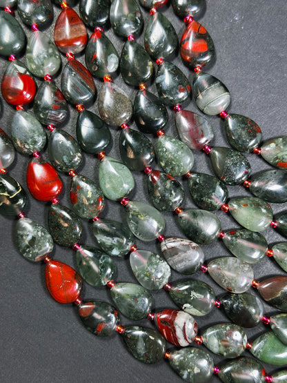 Natural African Bloodstone Gemstone Bead 18x13mm Teardrop Shape, Beautiful Natural Gray Red Color Bloodstone Great Quality Full Strand 15.5"