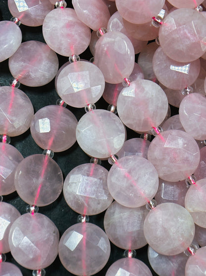 Natural Rose Quartz Gemstone Bead Faceted 18mm Coin Shape, Beautiful Natural Pink Color Rose Quartz Bead, Great Quality Full Strand 15.5"