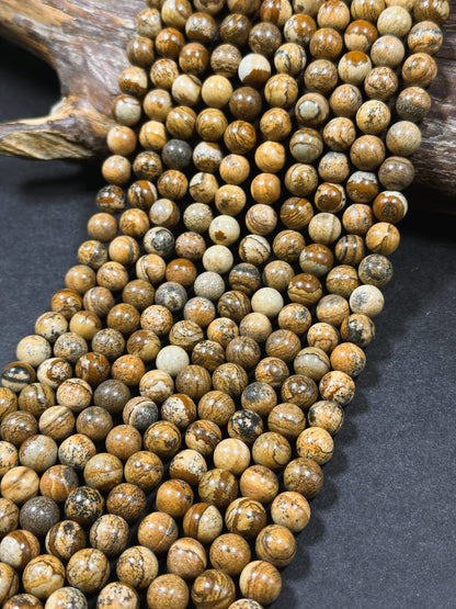 Natural Picture Jasper Gemstone 4mm 6mm 8mm 10mm Round Beads, Beautiful Natural Brown Tan Color Picture Jasper Gemstone Beads 15.5" Strand