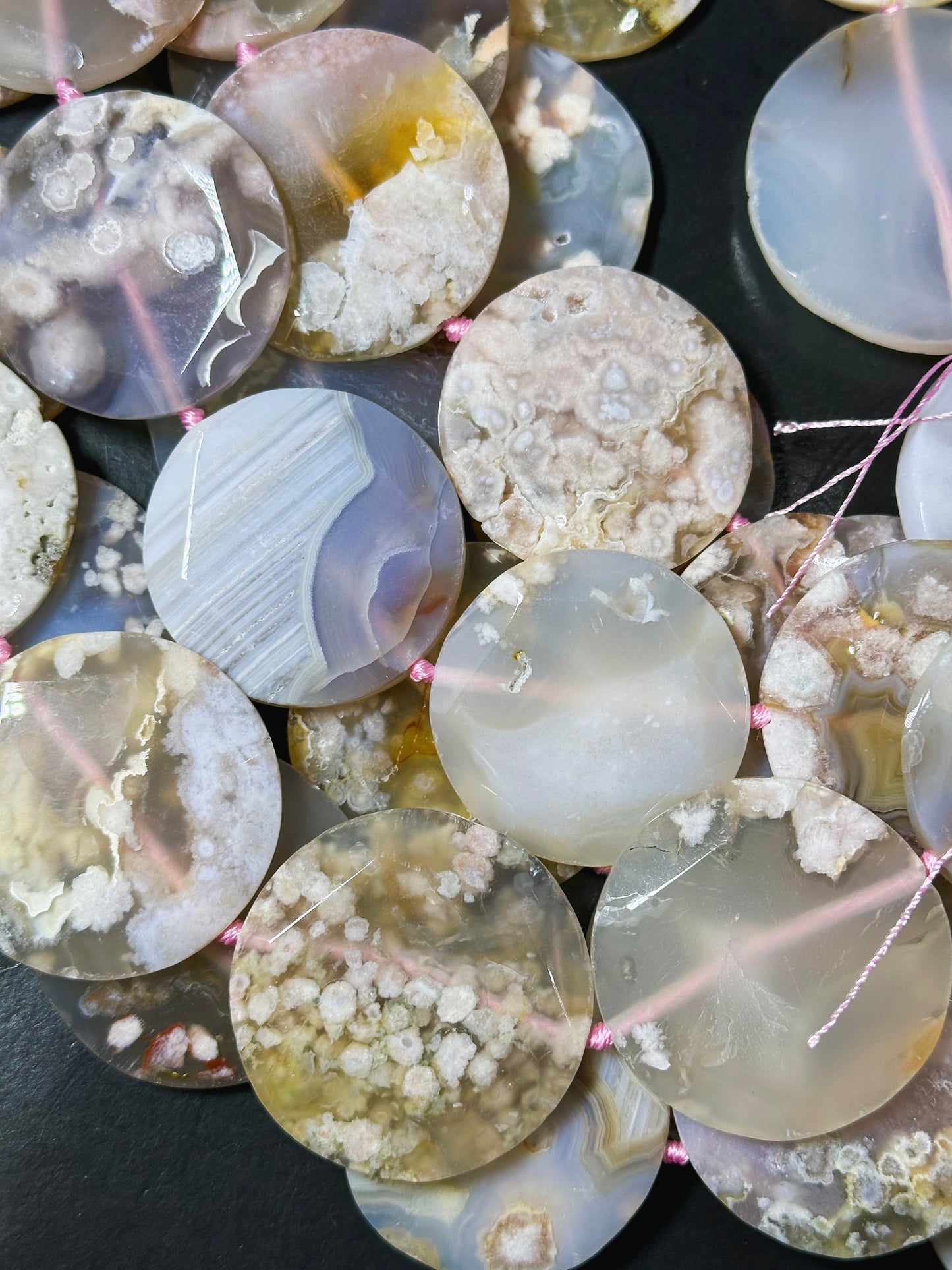 AAA Natural Cherry Blossom Flower Agate Gemstone Bead Faceted 51mm Coin Shape, Gorgeous Natural Creamy Pink Beige Color Flower Agate 15.5"