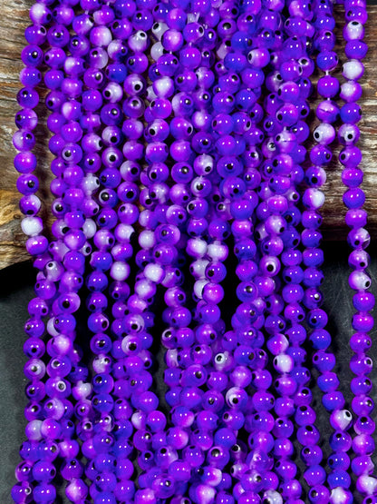 Beautiful Purple Evil Eye Glass Beads 6mm Round Beads, Beautiful Purple Clear Color Evil Eye Amulet Glass Beads, Full Strand Glass Beads