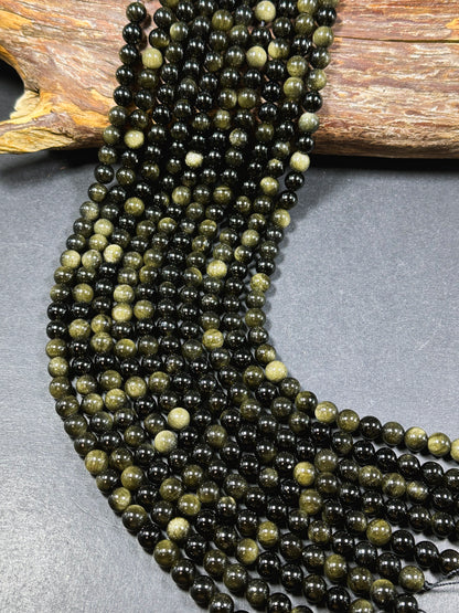 AAA Natural Gold Obsidian Gemstone Bead 6mm 8mm 10mm 12mm Round Bead, Gorgeous Black Gold Sheen Obsidian Bead, Excellent Quality Full Strand 15.5