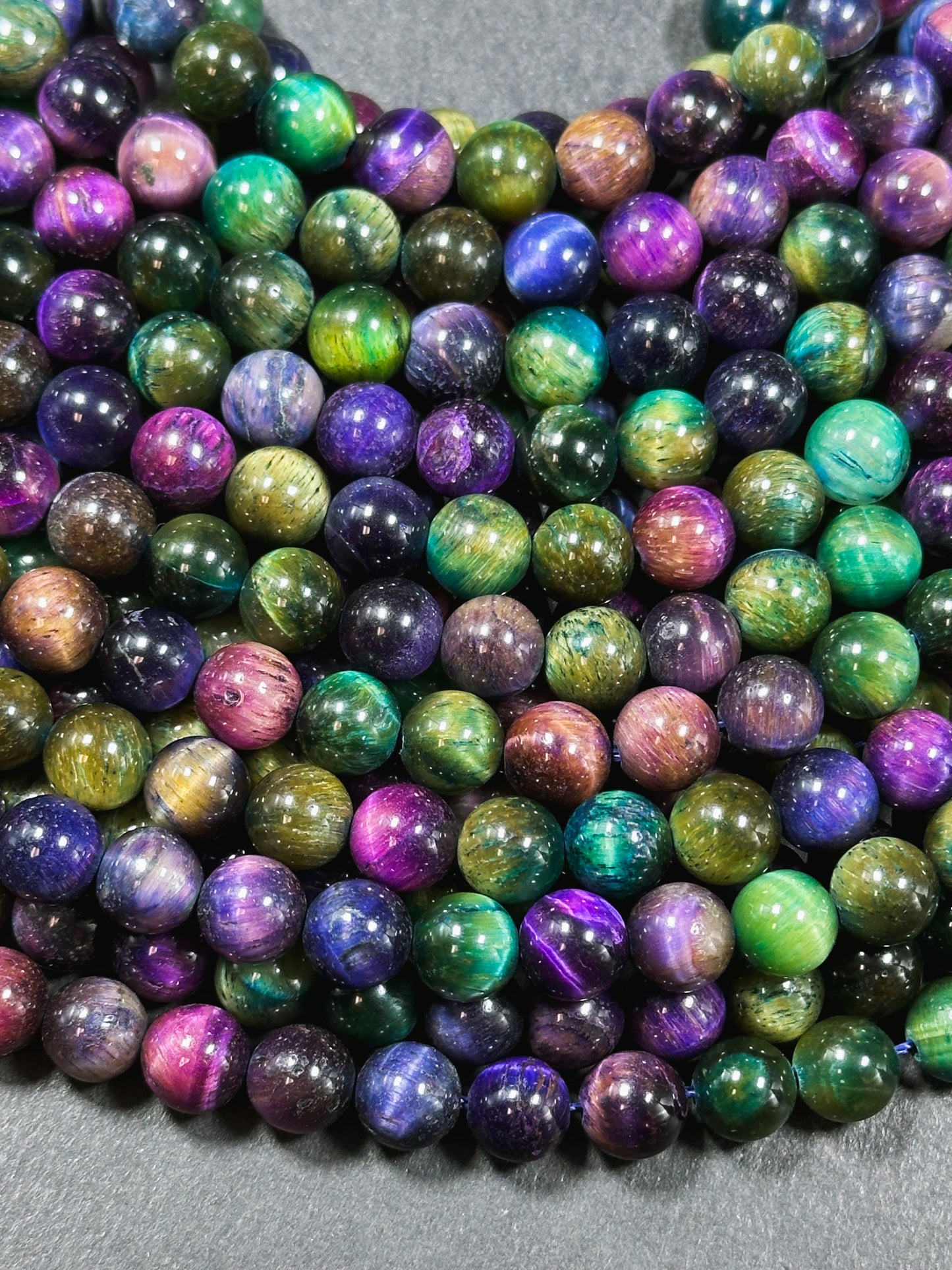 Multicolor Green Galaxy Tiger Eye Gemstone 6mm 8mm 10mm Round Beads, Gorgeous Multicolor Green Purple Teal Color Galaxy Tiger Eye Beads 15.5"