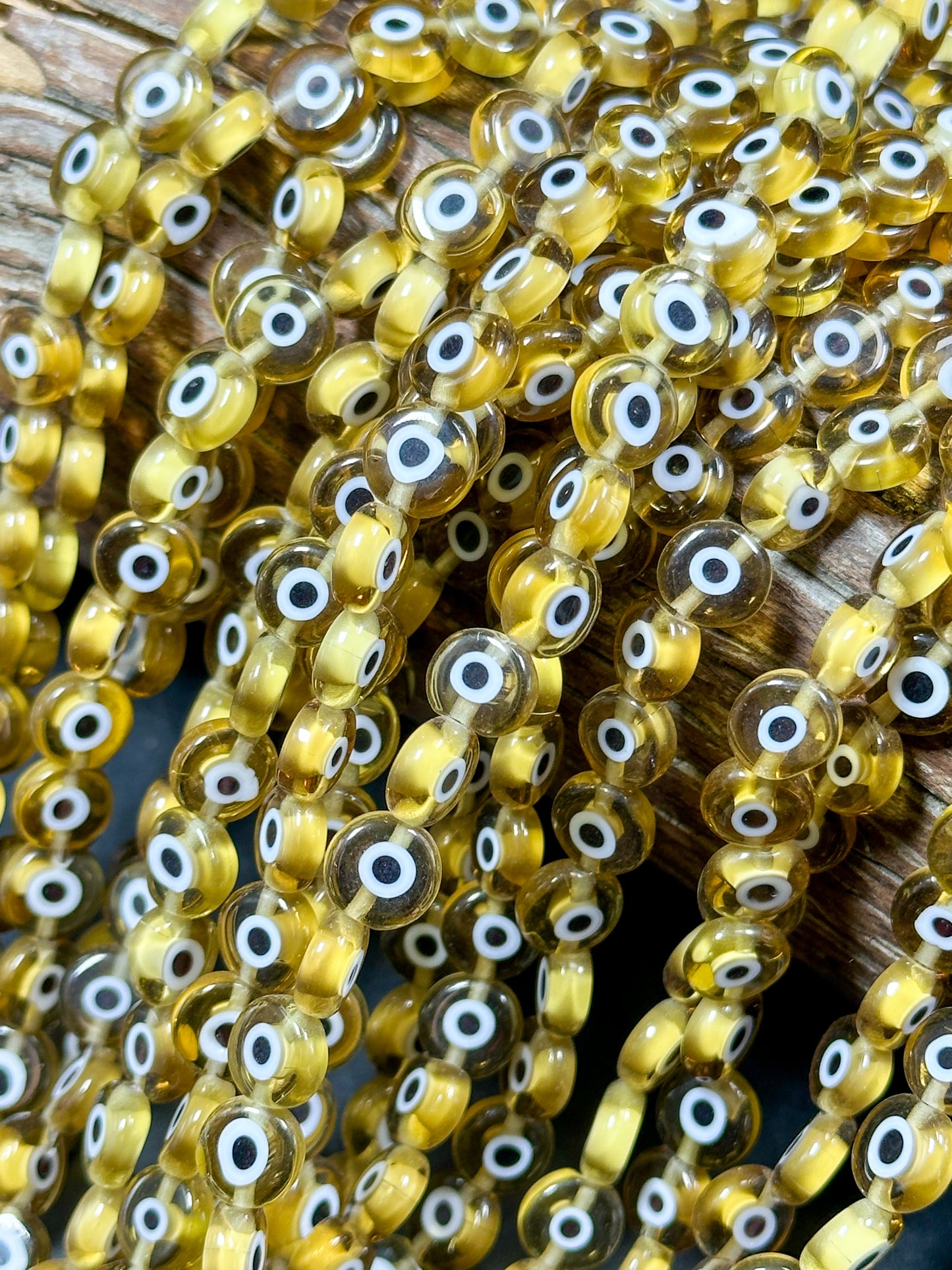 Beautiful Evil Eye Glass Beads 6mm 8mm Flat Coin Shape, Beautiful Yellow Clear Evil Eye Beads, Religious Amulet Prayer Beads