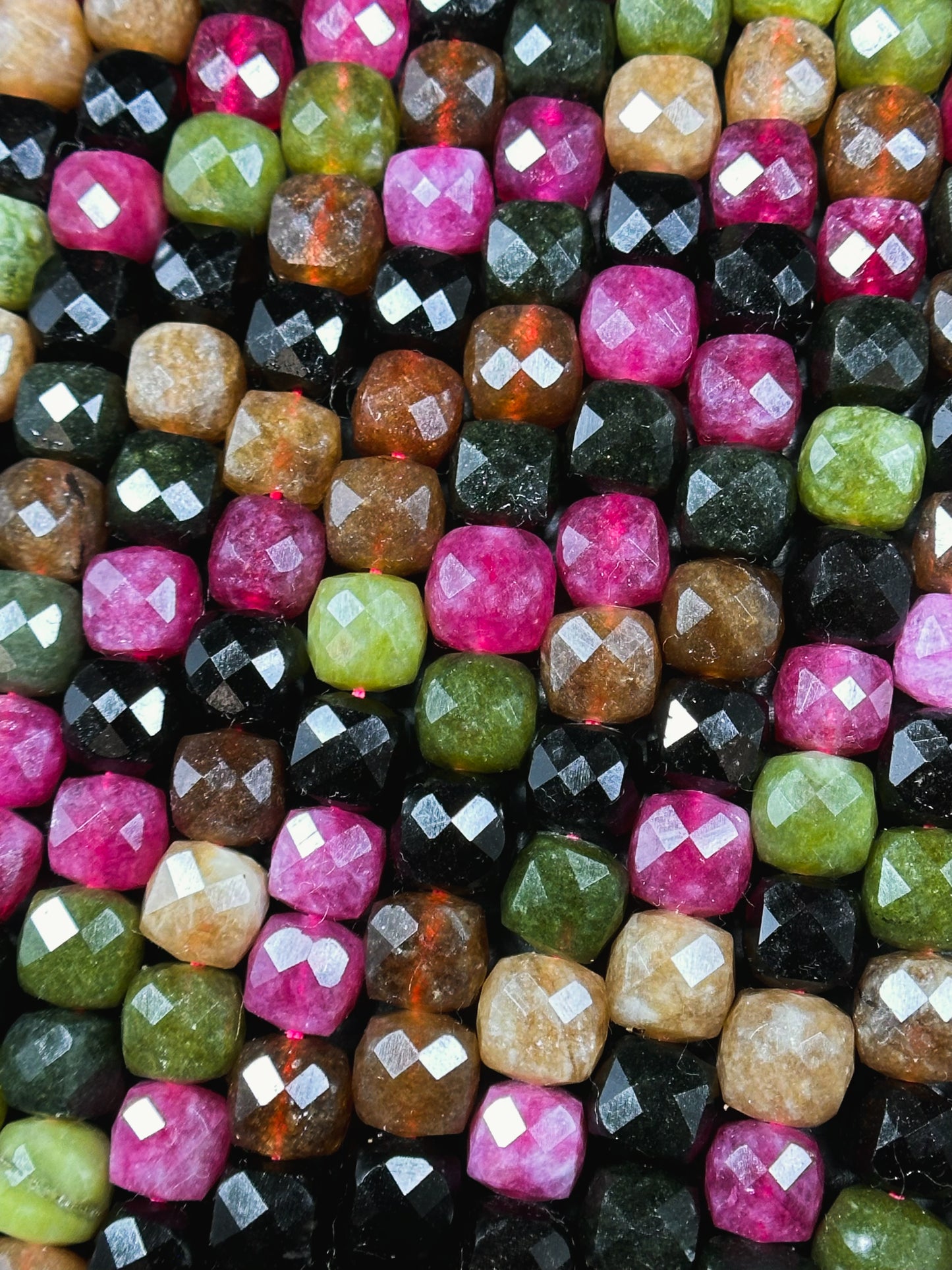 Natural Tourmaline Gemstone Bead Faceted 5mm 7mm Cube Shape, Beautiful Multicolor Black Pink Green Brown Tourmaline Bead, Full 15.5" Strand