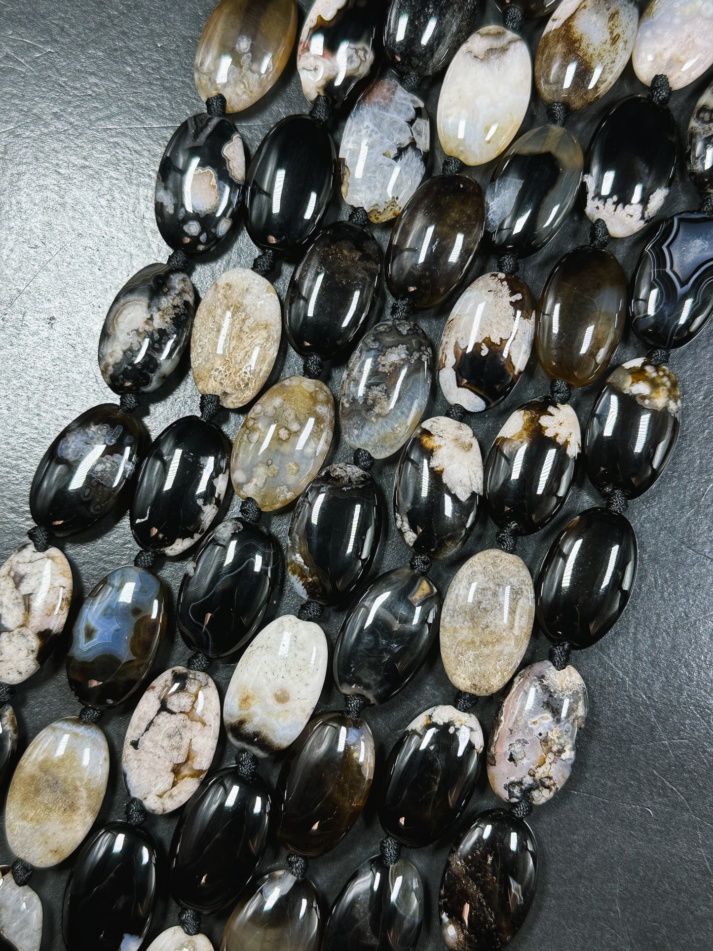 Natural Black Blossom Flower Agate Gemstone Bead, Oval Shape, Gorgeous Natural Black Beige Color Flower Agate Beads, Excellent Quality 15.5"